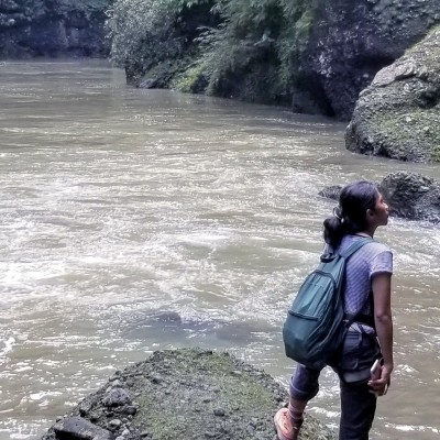 Hiking in the tropical forest near Cavinti Falls, Laguna, Philippines, in 2018.