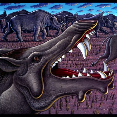 This is Ray's acrtlic painting of Archaeotherium, a "Killer Pig" genus, from Cruisin' the Fossil Freeway his first book with Kirk Johnson.&nbsp;