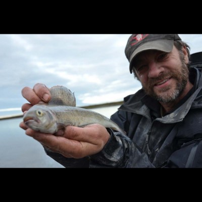 Greg with a fine grayling on the Colville River.