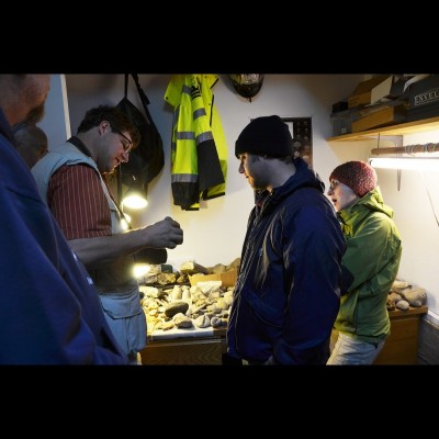 The experts weigh in on Kent's fossil collection: Kirk Johnon with Bobbie and Sarah Boessenecker helping to identify Kent's fossils in 2012.