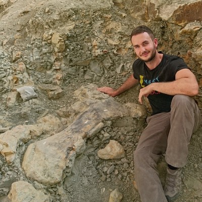 Dean digging up dinosaurs at the &ldquo;SI&rdquo; Quarry, Wyoming Dinosaur Center, in 2019.
