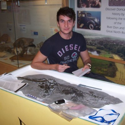 Studying Ichthyosaurus anningae&nbsp;(the ichthyosaur Dean named after Mary Anning) in 2012.