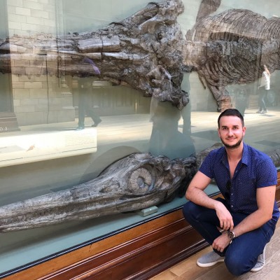 With the original Mary and Joseph Anning ichthyosaur skull, found in 1811. At the Natural History Museum, London. 2018.