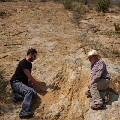 Dean and Dr. Lou Taylor examining a dinosaur &lsquo;sex scrape&rsquo; at Dinosaur Ridge (Dinosaur Freeway) in Colorado. 2017.