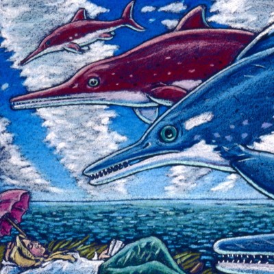 Mary and the Fish Lizards, Ray's colored pencil drawing depicting Mary Anning dreaming of ichthyosaurs. Dean Lomax and Judy Massare named Ichthyosaurus anningae after Mary.