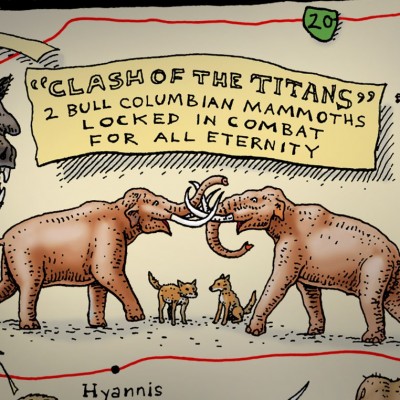 A detail from Ray's Cruisin' the Fossil Freeway fossil map showing the dueling mammoths from Nebraska lockled in a duel to the death.