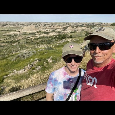 Carson and dad out in the badlands of Montana. There be dinosaurs out there!