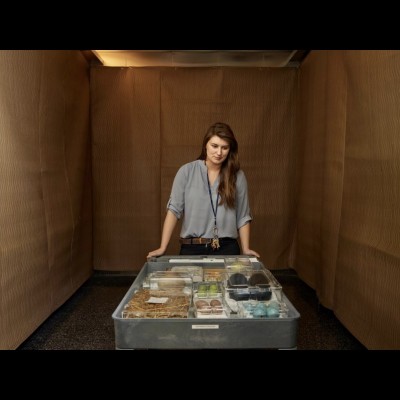 Yale paleontologist Jasmina Wiemann with a cart of egg specimens from the Yale Peabody collection. 