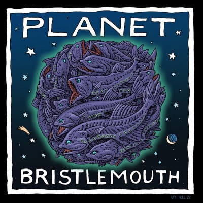 Planet Bristlemouth, new art by Ray, inspired by the startling fact that Bristlemouth fish are by far THE most abundant vertebrate on the planet. There are likely thousands of trillions of bristlemouth fish in the world's oceans all down in the 'deep scattering layer'. These tiny little glowing fish are about 22 million times more populous than humans, rats and chickens combined! Yikes! Welcome to Planet Bristlemouth!
