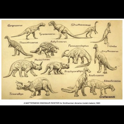 Jay's pencil drawings of dinosaurs for diorama models at the Smithsonian.