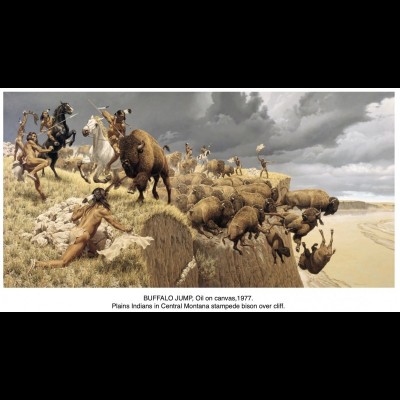 A buffalo jump is a cliff formation which native peoples of North America historically used to hunt and kill bison in mass quantities. This is one of Jay's favorite paintings.