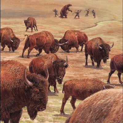 A small detail in the distance from the 'Alaska Mammoth Steppe' painting showing early humans attacking a giant ground sloth. These are the only humans to appear in any of the 6 Smithsonian murals.&nbsp;