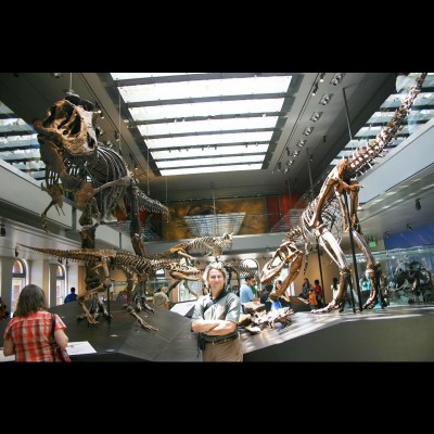 Thomas and Thomas the T.rex in the dinosaur hall at the Natural History Museum of Los Angeles County.&nbsp;