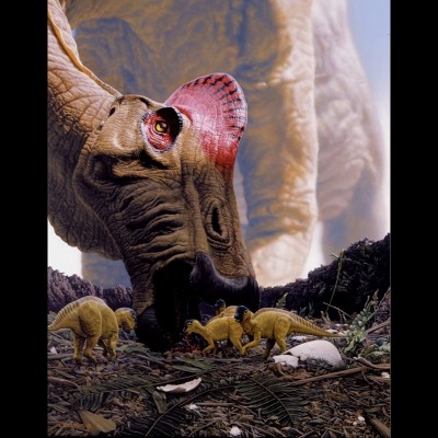 A Hypacrosaurus mother and hatchlings.