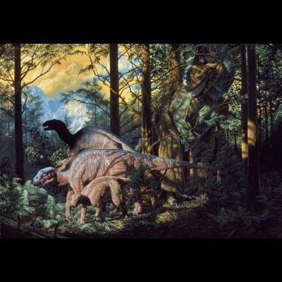 A small group of Edmontosauruses meet a Tyrannosaurus rex deep in the Cretaceous woods.