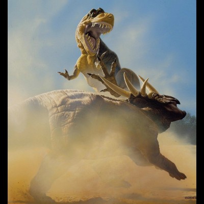 John did this spectacular painting for the cover of Bob Bakker's revolutionary Dinosaur Heresies book featuring the Canadian tyrannosaur Daspletosaurus&nbsp;facing off with the horned dinosaur&nbsp;Styracosaurus.&nbsp;