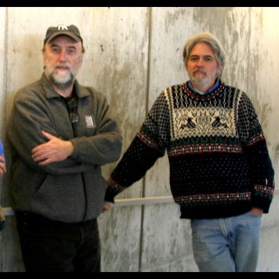 Two bearded hominins in the hallway: Ray Troll and John Gurche in 2006 at the Museum of the Earth in Ithaca, New York, where John is an artist in residence.