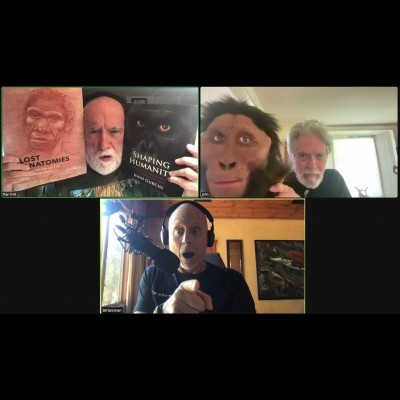 Three Homo sapiens monkeying around on a podcast: Ray, John Gurche and Dave in their respective spaces.