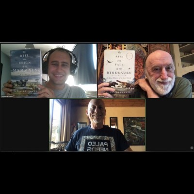 Steve Brusatte and Ray show off Steve's two best known books while Dave apparently put his T shirt on backwards.