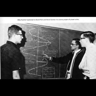 Mike in high school discussing the moons of Jupiter with his pals in Derby, Kansas.