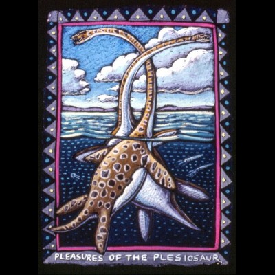 Ray's fanciful sketch called Pleasures Of The Plesiosaur from the 1990's. Could they even lift their heads out of the water? To Ray's disappointment Mike says no way.