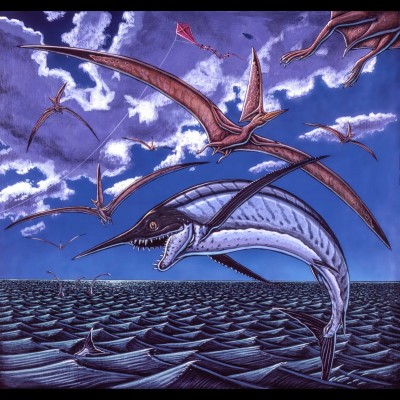 Kite Flying on the Niobrara, Ray's surreal painting from 2002 depicting a Protosphyraena leaping out of the water as Nyctosaurus pterosaurs cruise the cloud filled skies above. Mike and his wife Pam have found a number of beautifully preserved Protosphyraena fossils over the years.