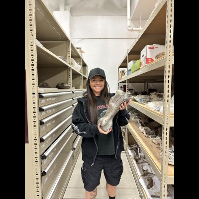 Lindsay is holding an Edmontosaurus metatarsal. She got to check out the collections at the Philip J. Currie Dinosaur Museum in Canada!