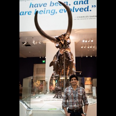 Advait with an American mastodon skeleton at the Smithsonian&rsquo;s National Museum of Natural History