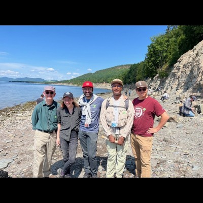 Mike Coates, Abby Caron, Vish Venkataraman, Ben Otoo, &amp; Tetsuto Miyashita at Miguasha in Quebec, Canada, a famous Devonian fossil site. The "fishapod" Elpistostege has been found there.&nbsp;