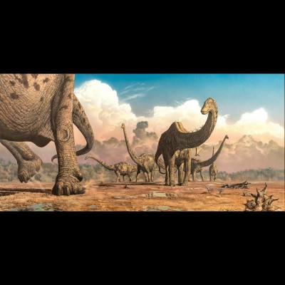 The Long March, a beautiful gouache painting of sauropods on the move by Mark Hallett.
