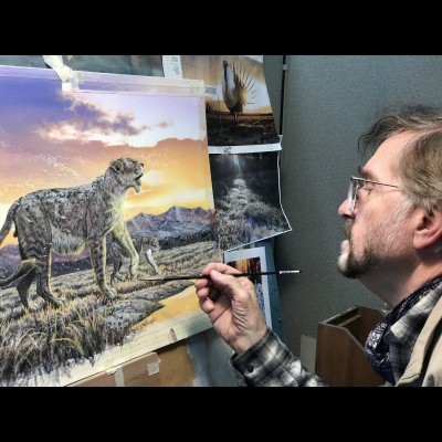 Mark painting the cover for On the Prowl: In Search of Big Cat Origins a book he did with John Harris.