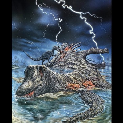 Mark's painting entitled Storm Scavengers, depicting the corpse of a giant sauropod being dined on by a large Allosaurus and a hungry croc called Goniopholis.