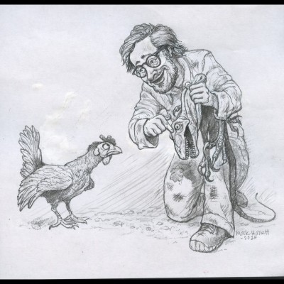 On the podcast Mark Hallett told us that Steven Spielberg actually considered the idea of dressing up a flock of chickens in custom made raptor costumes. Luckily that idea never took flight. : ) Mark did this fun pencil sketch just for us to share with the our listeners
