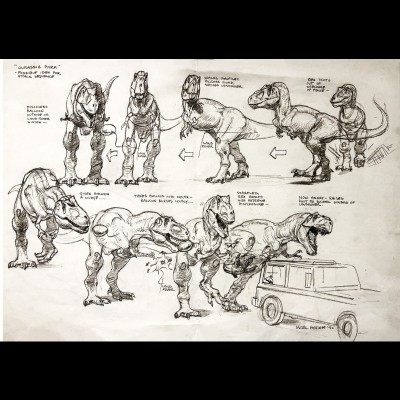 

A Paleo Nerds scoop! Mark told us about this concept sketch he did for Jurassic Park that was never used. When the T-rex first appears in the film it becomes fascinated with a balloon that one of the kids has dangling outside the SUV Land Cruiser. He bounces it around for a bit and when it pops, it startles him. He becomes enraged and kicks out the window of the SUV.

