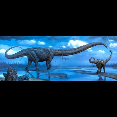 One of Ray's favorite paintings by Mark Hallett entitled Crossing the Flats depicting a Mamenchisaurus mother and calf. It was used as the cover for a book called Dinosaurs Past and Present that caught Steven Speilberg's eye. Later research showed that the skull of Mamenchisaurus was differently shaped. Such is the life of a paleo artist!
It's still a powerful and very evocative piece of art.