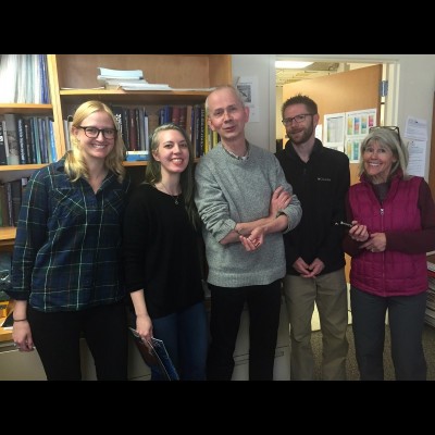 Posing for a photo in Mike's lab at the University of Chicago in 2016. From left to right: Kate Criswell (now at Wesleyan), Kristen Tietjen - responsible for much of the top quality renderings of CT data from the Coates lab, including Helodus, Mike Coates, Leif Tapanila and author Susan Ewing.