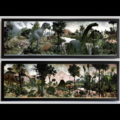 Rudolph Zallinger's magnificent "Age of Reptiles" 110 ft long fresco mural at the Yale Peabody Museum. It was completed in 1947 after five years of work. The Age of Reptiles was at one time the largest painting in the world, and depicts a span of nearly 350 million years in Earth's history.