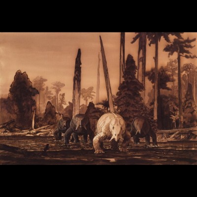 A group of Placerias, large, herbivorous, 'stem mammals' ford a stream in a Triassic aged streambed found in Petrified Forest National Park. A work gone off the rails and unfinished.