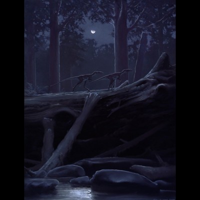 Two Chindeosaurs, small primitive dinosaurs, run by moonlight across a fallen tree that spans a stream channel in the Mongollon highlands, upstream of Petrified Forest National Park during the late Triassic, some 225 million years ago.