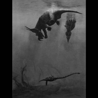 Two dead Einiosaurs, late Cretaceous ceratopsians characterized by unique shield horns and a large curved nasal horn. Perhaps having drowned during a stream crossing, the animals’ carcasses will eventually decompose, scattering their remains.