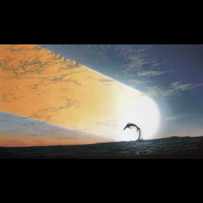 A 6+mile wide asteroid plunges down through the atmosphere as a Tylosaur leaps in the near distance on one of the worst single days in the history of life. From the children's book Asteroid Impact.