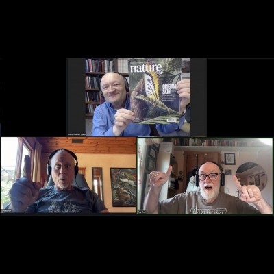 Ray and Dave react as Hans holds up a copy of the science journal Nature with cover art depicting Mirasaura