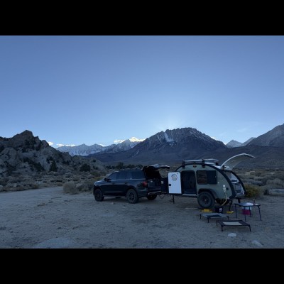 The Meaner Bean trailer at the Buttermilk Mountains near Bishop CA