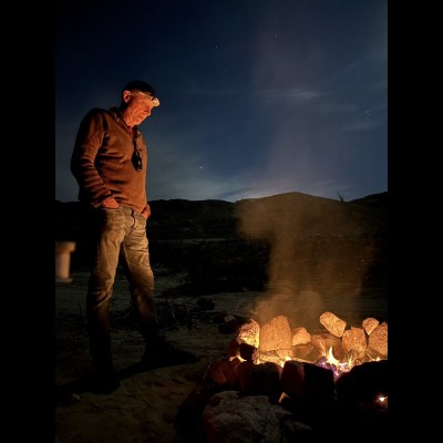 Dave pondering the eons and epochs over the campfire near Ocotillo Wells California