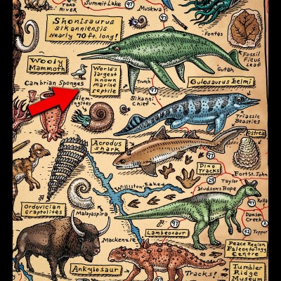 A detail from Ray's fossil map of British Columbia showing where the giant Shonisaurus was found.