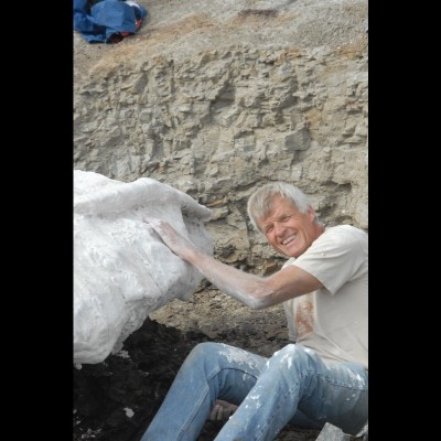 Collecting a Styracosaurus skull in Dinosaur Provincial Park, Alberta, Canada. Photo by Eva Koppelhus, 2010