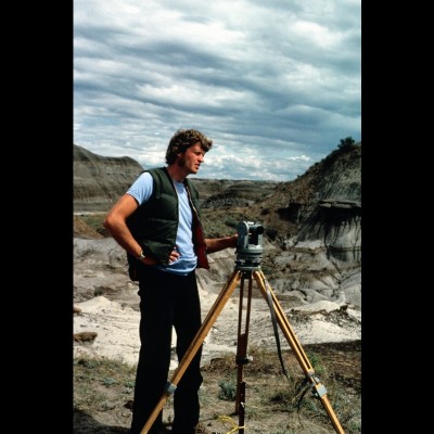 Philip Currie in the field (mapping in the Centrosaurus bonebed in 1978 or 1979). Photo by Linda Strong-Watson.