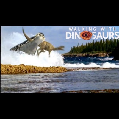 Here's the epic scene from the BBC's Walking with Dinosaurs show, of a gigantic Liopleurodon snatching a hapless little dinosaur off the beach. Recent studies show that their size has been vastly oversetimated over the years.